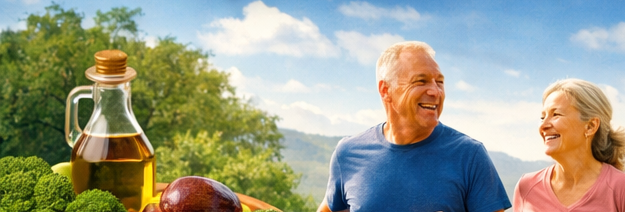 Healthy senior couple enjoying an active lifestyle and natural nutrition outdoors